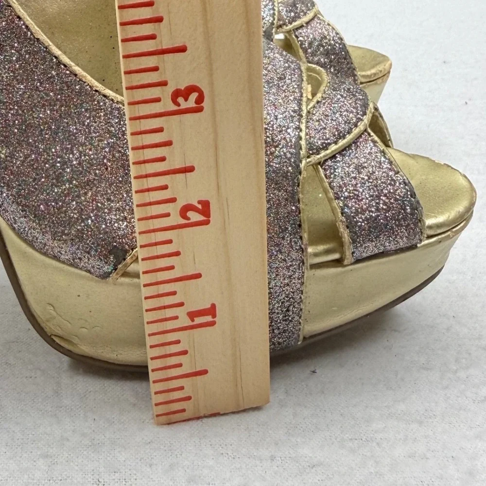 G By Guess Glitter Peep‎ Toe Platform Stiletto Heels Sparkly Gold Working Club